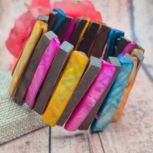 Bohemian Wood Bar & Dyed Abalone Shell Colorful Wide Stretch Bracelet Beach